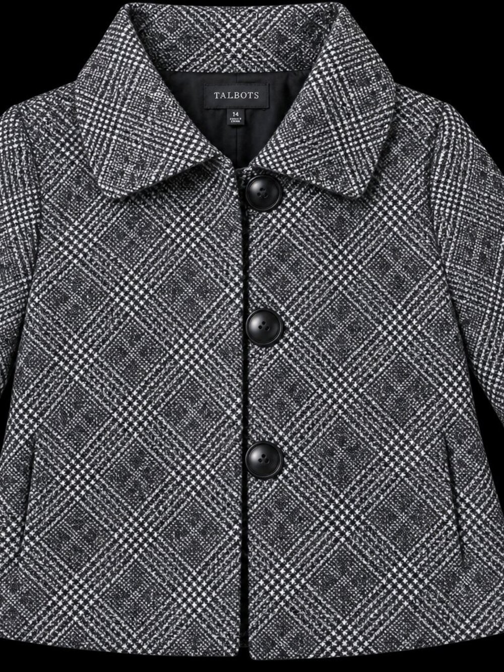 Talbots Women's Size 14 Wool Blend Tweed Blazer Jacket Black White Metallic Line